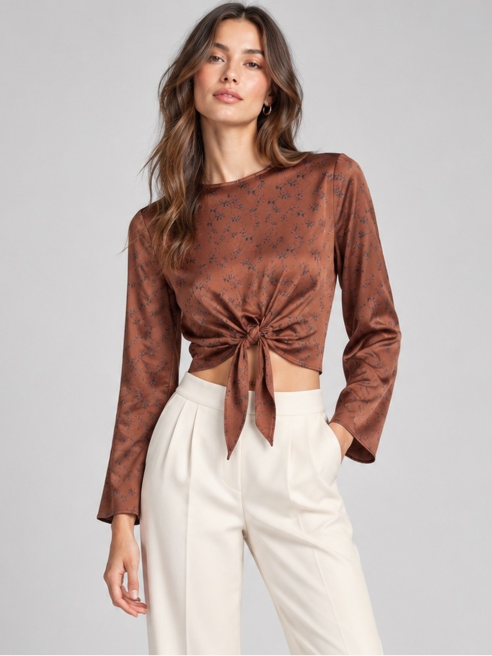Oak & Fort Tie-Front Floral Satin Top Brown